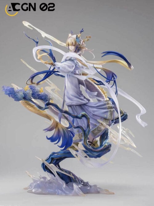 Full front view of Shu in pale lavender robes, surrounded by white ribbons, blue branches and blossoms above a twisting base.