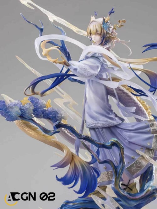Close view of Shu's extended hand, patterned lavender sleeve, scaled tail and blue blossoms framed by curling white ribbons.