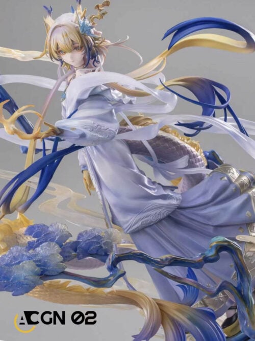 Close-up of Shu's face, blue-and-gold hair ornaments, patterned lavender robes and scaled tail behind sweeping white ribbons.