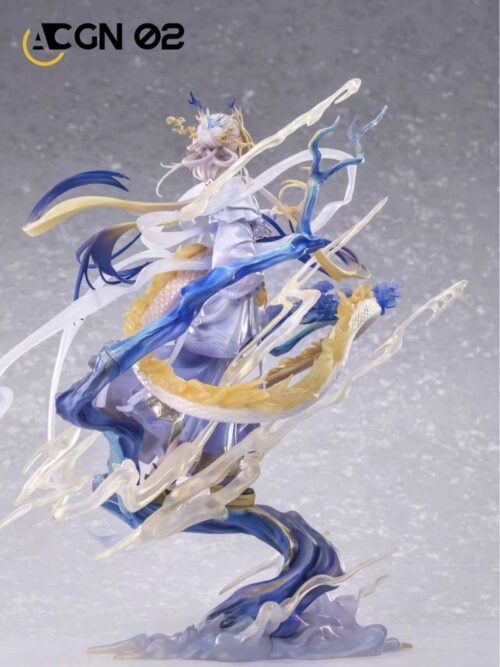 Rear view of Shu showing the gold-accented scaled tail, blue branching support and pale effects against a textured gray background.