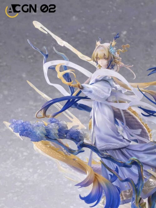 Shu's portrait and outstretched hand above blue blossoms, with white ribbons and pale effects against a textured gray background.