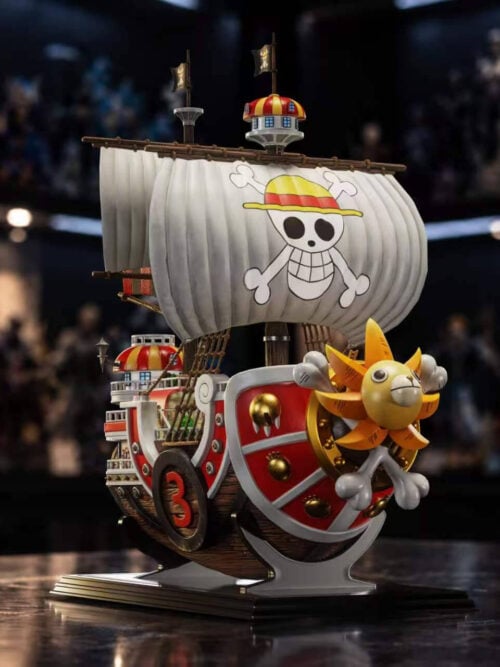 Original Color Thousand Sunny viewed from the number 3 side, with white sails, rope rigging and a red-and-brown hull.