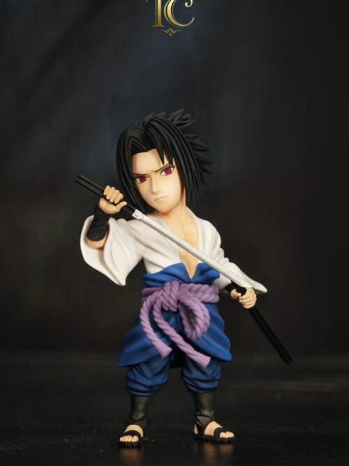 TC Studio Sasuke Uchiha figure in an open white shirt and purple rope belt, holding a sword across his chest and a black scabbard at his side.