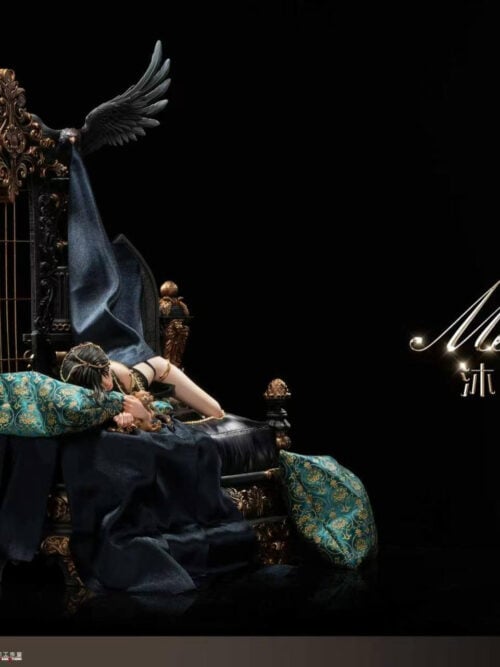 Side view of Aeolian Mornlight Collector's Version with layered turquoise cushions, dark drapery and a bird above the tall backdrop.