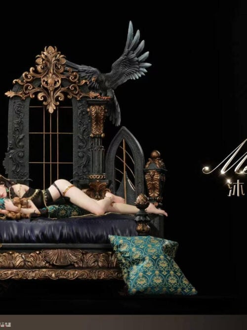 Front view of Aeolian Mornlight Collector's Version displayed without drapery, showing the ornate bed, tall backdrop and bird.
