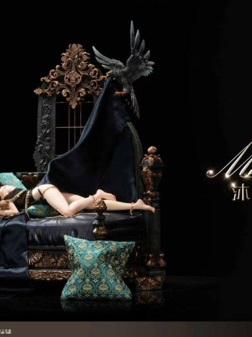 Angled view of Aeolian Mornlight Collector's Version with dark fabric falling from the bird toward the bed and across its front.