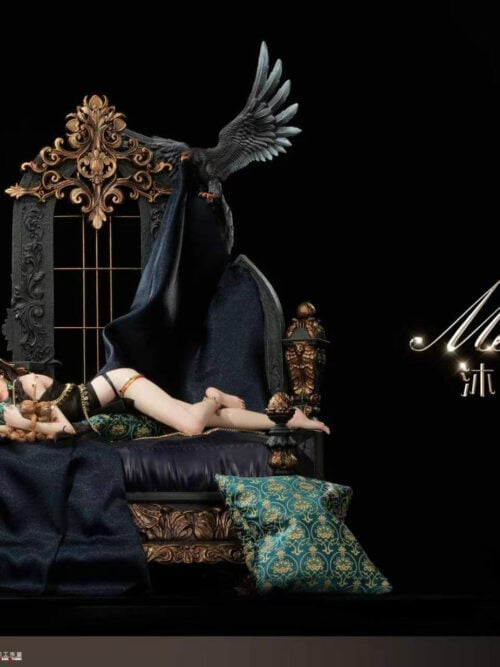 Aeolian Mornlight Collector's Version with turquoise cushions, a tall ornamental backdrop, a spread-winged bird and dark drapery.