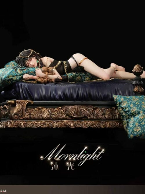 Aeolian reclining on an ornate low bed with turquoise-and-gold cushions, shown in the Mornlight Standard Version.