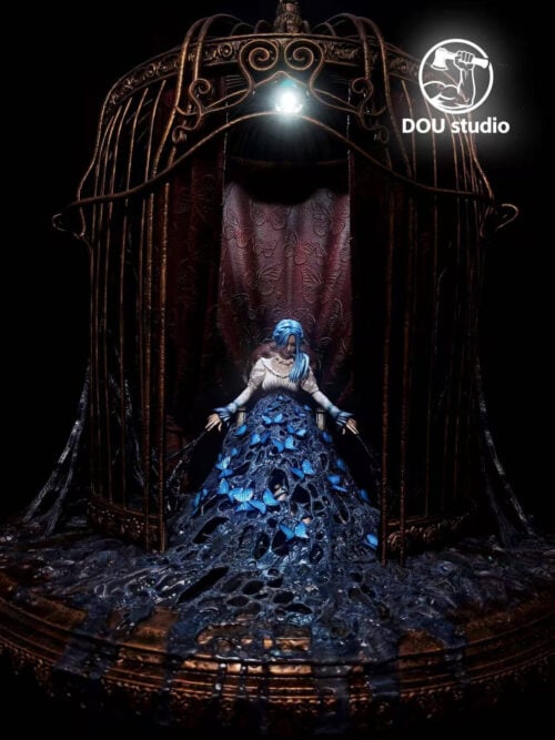 Sophia Monad seated inside a bronze-toned cage beneath an overhead light, with blue butterflies and dark web-like forms spreading across the round base.