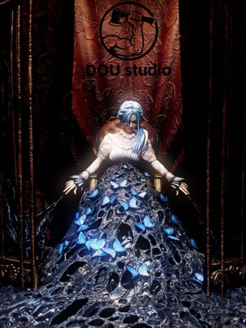 Front close-up of Sophia Monad with lowered head, blue hair, pale blouse and blue butterflies across a dark web-like skirt, against burgundy drapery.