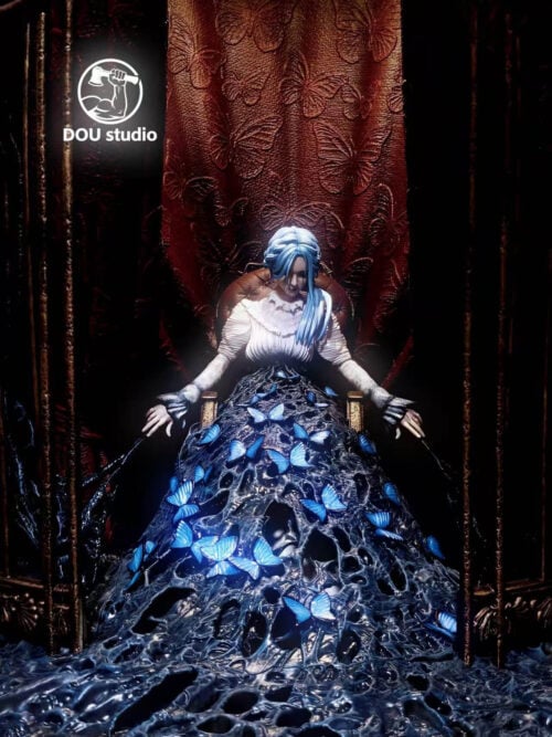 Sophia Monad seated with hands lowered beside her chair, framed by cage bars and butterfly-patterned burgundy drapery above a blue butterfly-covered skirt.