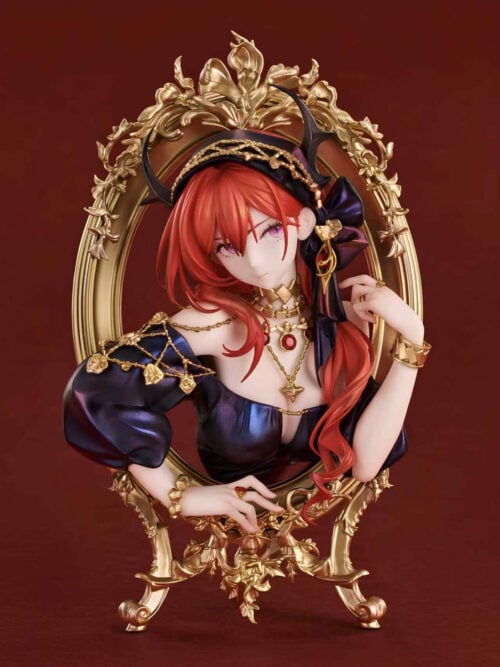Surtr bust with red hair, dark purple puff sleeves and gold-toned jewelry, extending beyond an ornate oval frame with decorative feet.