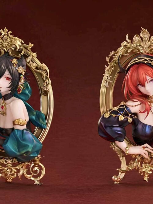 Entelechia on the left and Surtr on the right, displayed as two separate busts in ornate gold-toned oval frames against a burgundy background.