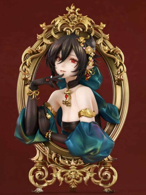 Entelechia bust with short black hair, teal sleeves and long black gloves, holding one hand near her lips within a floral gold-toned frame.