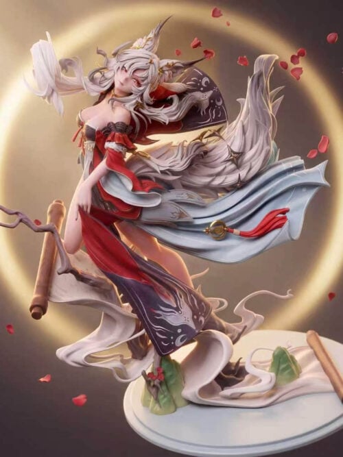 Hsin in red and pale-blue robes with a sweeping white fox tail above a scroll-and-branch base, front three-quarter view.
