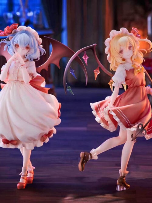 Remilia Scarlet in a pale dress beside Flandre Scarlet in red, showing both full figures, contrasting wings and Flandre's curved weapon.