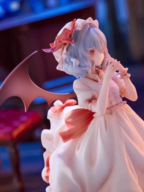 Side three-quarter detail of Remilia Scarlet with pale blue hair, hands near her face, a broad bat-like wing and a red waist bow.