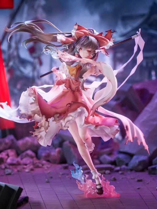 Three-quarter view of Reimu Hakurei with windswept hair, torn red-and-white clothing, a paper-streamer wand and pink-and-blue effects beneath her foot.
