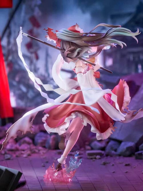 Rear view of Reimu Hakurei showing swept hair, a wand with white paper streamers, torn red-and-white clothing and pink-and-blue foot effects.