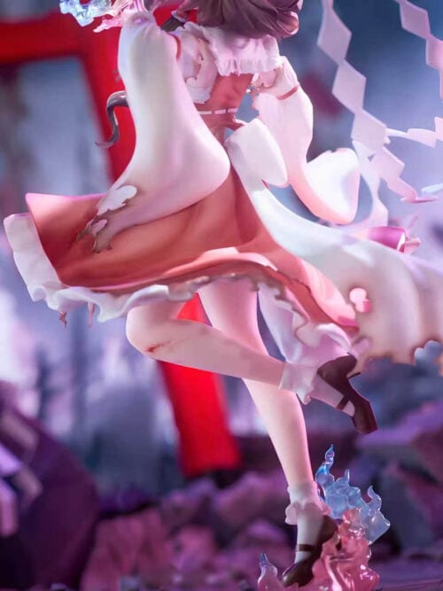 Rear detail of Reimu Hakurei showing ragged white sleeves, a red skirt, a scratched bent leg, brown shoes and translucent pink-and-blue effects.