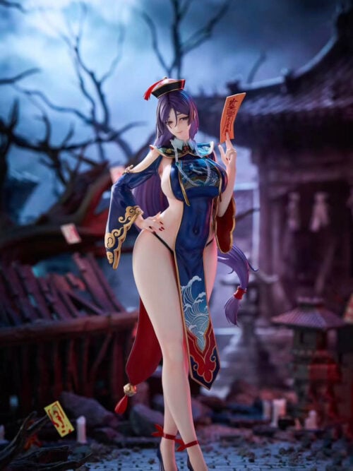 Minamoto no Raikou holding a talisman beside her face, with long purple hair, a blue gold-trimmed outfit and red ankle ribbons.