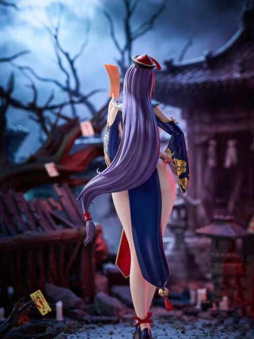 Rear view of Minamoto no Raikou showing long purple hair tied near the end, a blue rear panel and a bell with a red tassel.