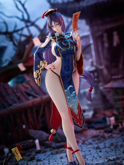 Full view of Minamoto no Raikou with crossed legs, a wave-patterned front panel, gold sleeve trim and red ankle ribbons.