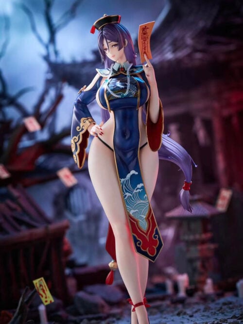 Three-quarter view of Minamoto no Raikou holding a talisman, with one hand on her hip and a wave-patterned blue front panel.