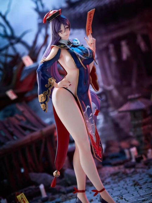 Angled full view of Minamoto no Raikou showing her raised talisman, long purple hair, red-lined sleeves and dark high heels.