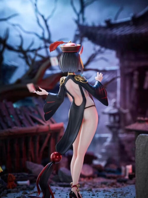 Full rear three-quarter view of Shuten Doji showing wide sleeves, a long black-and-red trailing panel and bell-trimmed high heels.