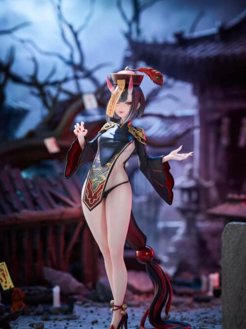 Full front view of Shuten Doji with a feathered hat, hanging talisman, raised hands and a long red-and-black trailing ornament.