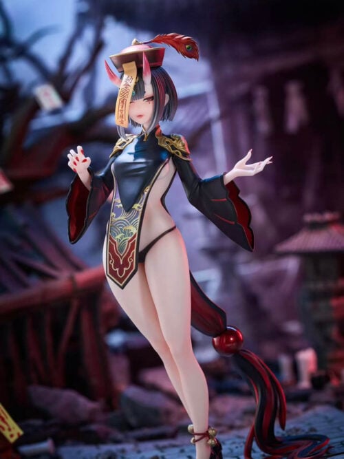 Shuten Doji with raised hands, a talisman hanging from a feathered hat, red-tipped horns and wide red-lined sleeves.
