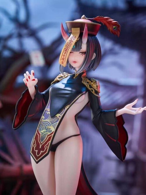 Upper-body view of Shuten Doji showing her short bob, red-tipped horns, feathered hat, hanging talisman and open hand.