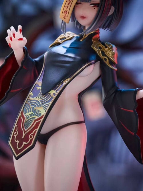 Close-up of Shuten Doji's raised hands, gold shoulder ornaments, red-lined sleeves and wave-patterned front panel.