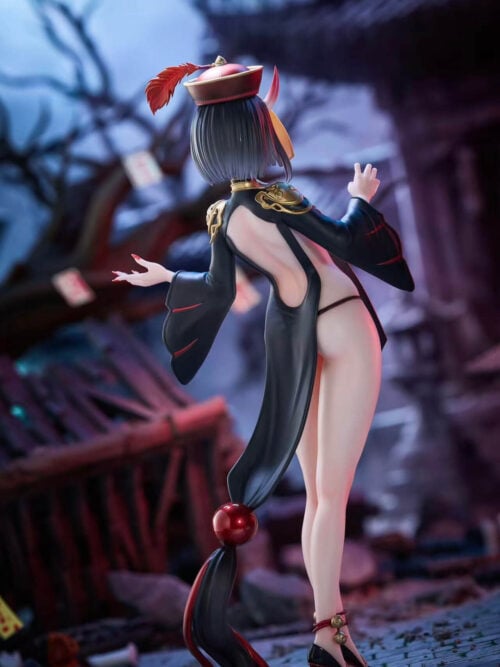 Rear three-quarter view of Shuten Doji with a feathered hat, short bob, gold shoulder ornaments and a red orb on the trailing panel.