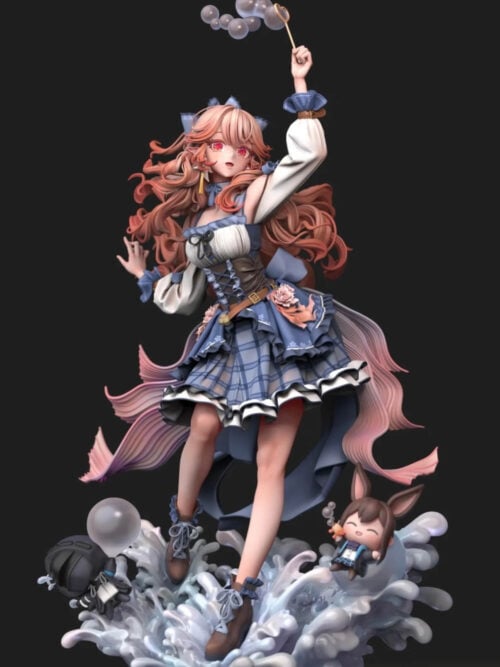 Haruka in a layered blue plaid dress raises a bubble wand above pink hair, standing on a splash-effect base with two small figures.