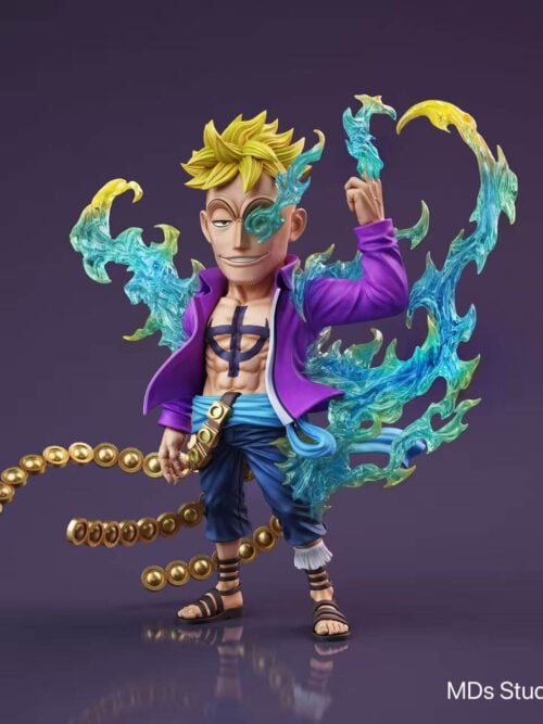 Stylized Marco figure with spiked blond hair, an open purple jacket and curling turquoise flames tipped in yellow, shown against a purple background.