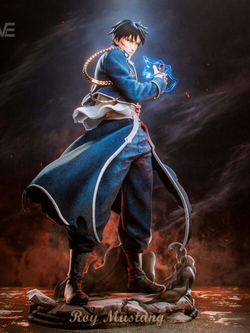 Three-quarter view of Roy Mustang holding a lighter, with flared blue coat panels and black boots above a cracked base with curling smoke.