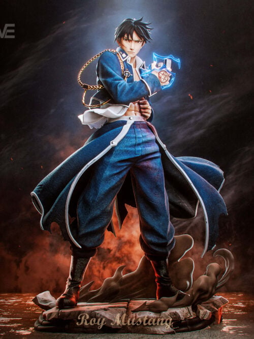 Full front view of Roy Mustang in a torn blue uniform, holding an open lighter amid blue effects above a broken-paving base with sculpted smoke.