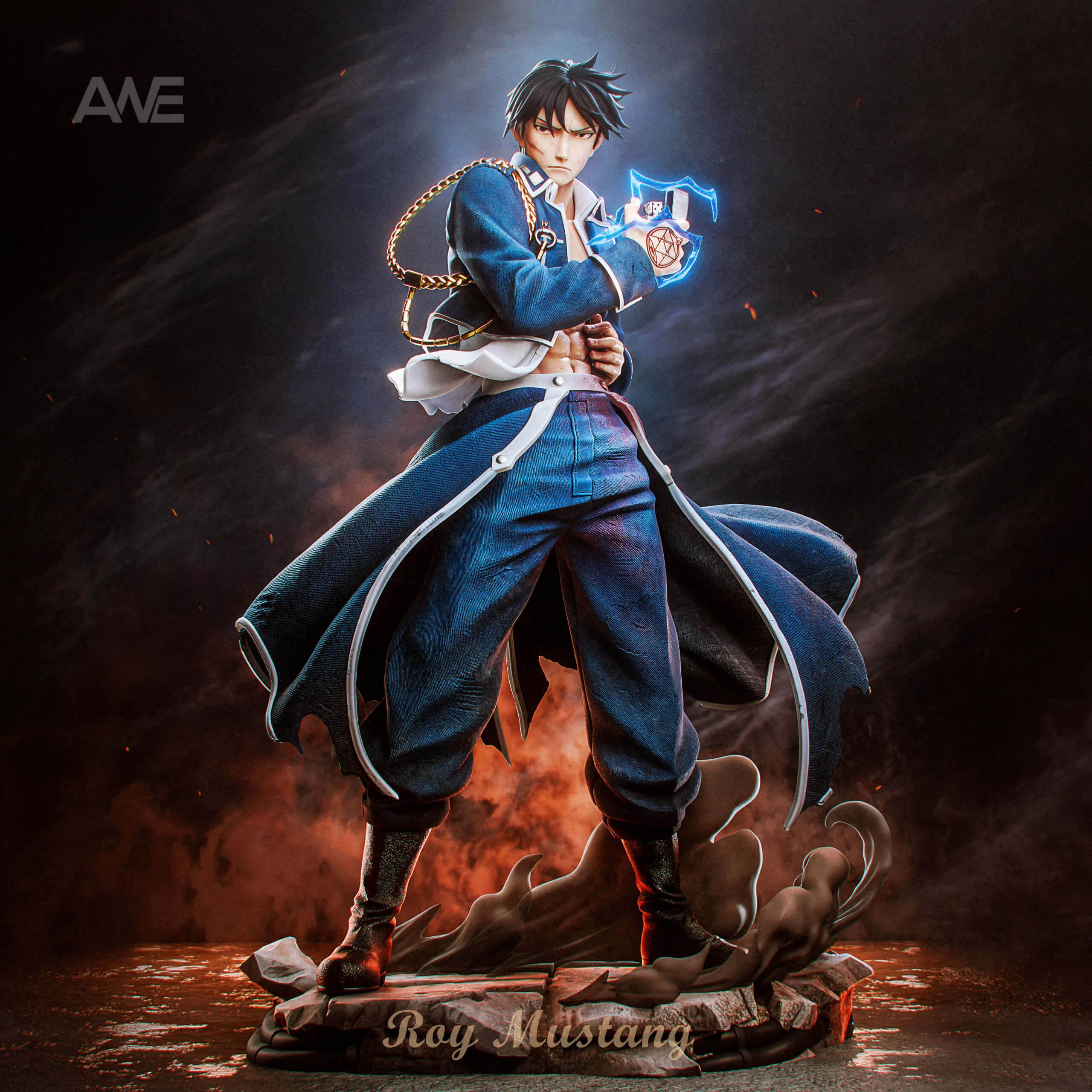 ANE Studio Roy Mustang - Full Front View Full front view of Roy Mustang in a torn blue uniform, holding an open lighter amid blue effects above a broken-paving base with sculpted smoke.