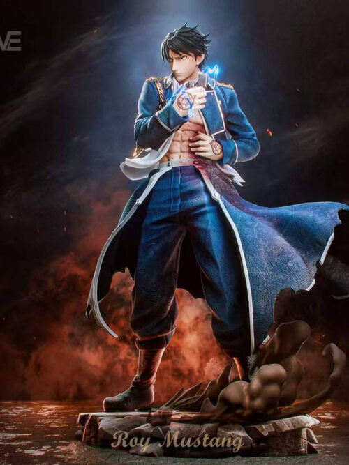 Alternate front view of Roy Mustang with a raised lighter, a hand against his wounded abdomen and torn blue coat panels sweeping to one side.