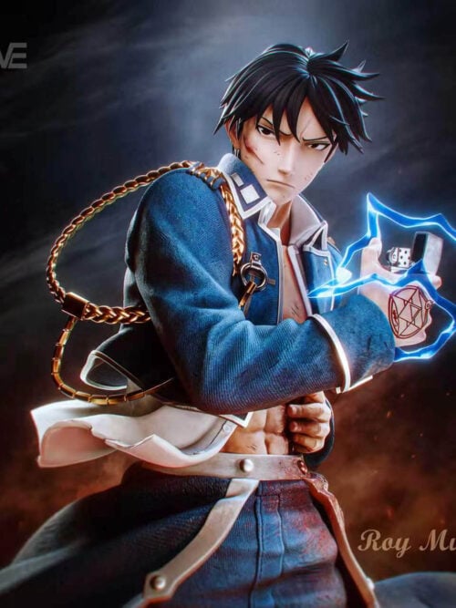 Close-up of Roy Mustang's scratched face, gold shoulder cord, open lighter and blue effects, with his other hand pressed against his abdomen.