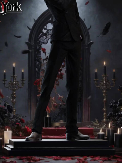 Detail of Kurapika's black suit trousers and lace-up shoes on a black stepped rectangular base.