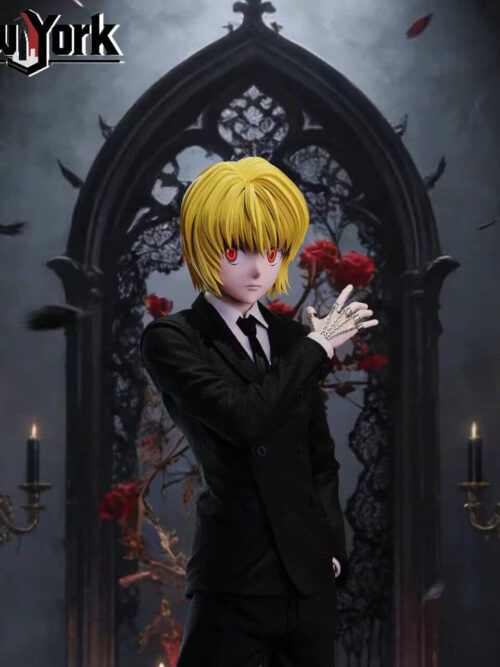 Upper-body view of Kurapika with blond hair, red eyes and chains across his raised right hand, wearing a black suit against a gothic backdrop.