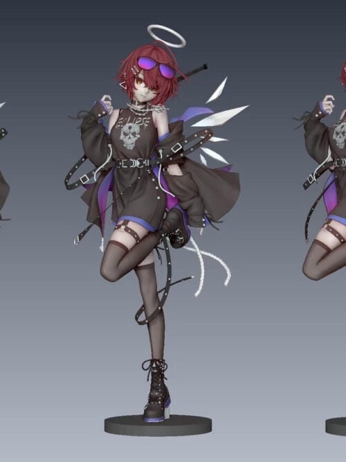 Three rendered angles of the same Exusiai figure in a black dress and jacket, with one leg bent back and a dark round base beneath each view.