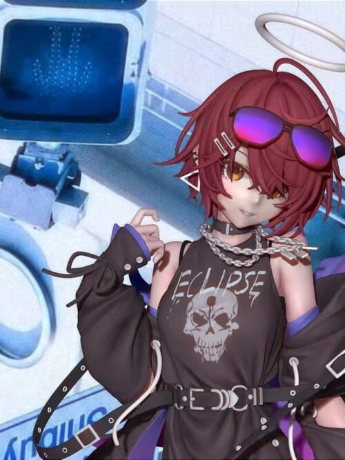 Upper-body render of Exusiai with a pale halo, purple sunglasses, a skull-print dress and long buckled straps against a blue-and-white backdrop.