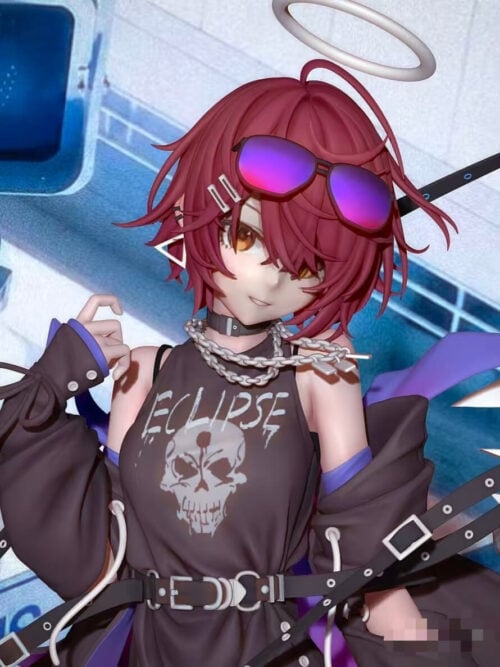 Close-up of Exusiai with purple-lensed sunglasses on red hair, layered chain necklaces, a black choker and a skull-print dress.