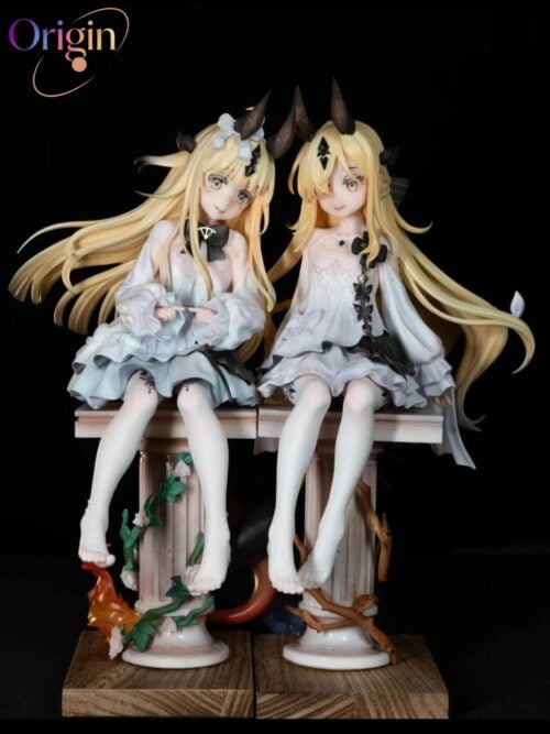 Childhood Reed and Eblana seated side by side on separate column bases, with pale ruffled dresses, long blonde hair and contrasting vines.
