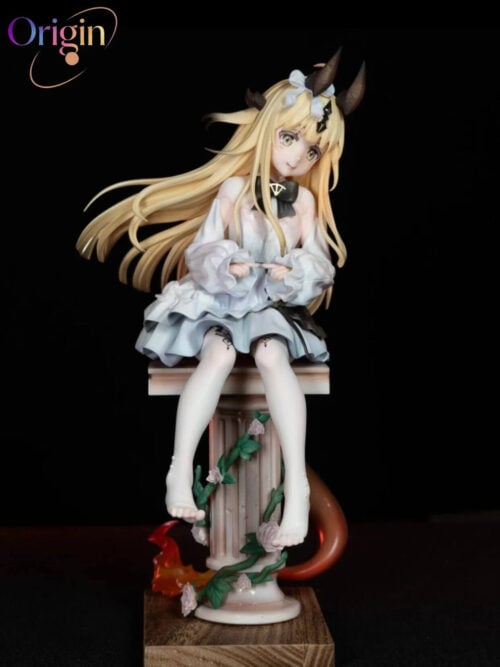 Childhood Reed seated on a column wrapped in flowering green vines, with a pale ruffled dress, flowing blonde hair and orange flame effects.