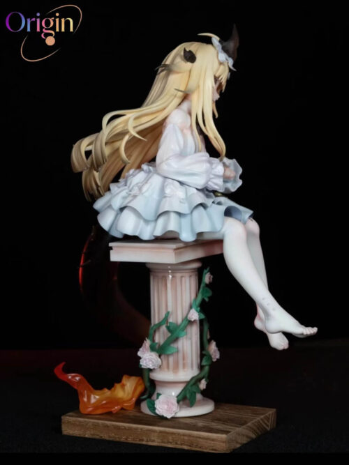 Side view of childhood Reed showing layered dress ruffles, swept-back blonde hair, a curved tail and a flower-wrapped column with orange flames.